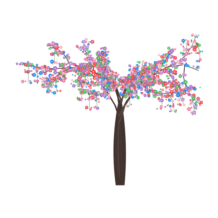 A cherry tree in full bloom, its blossom in the blue, red and green of der, die and das.