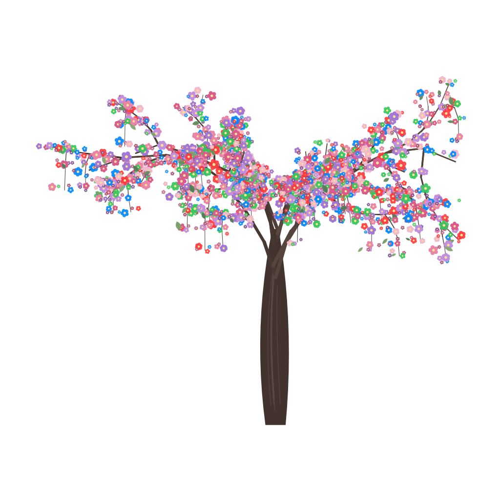 A cherry tree in full bloom, its blossom in the blue, red and green of der, die and das.